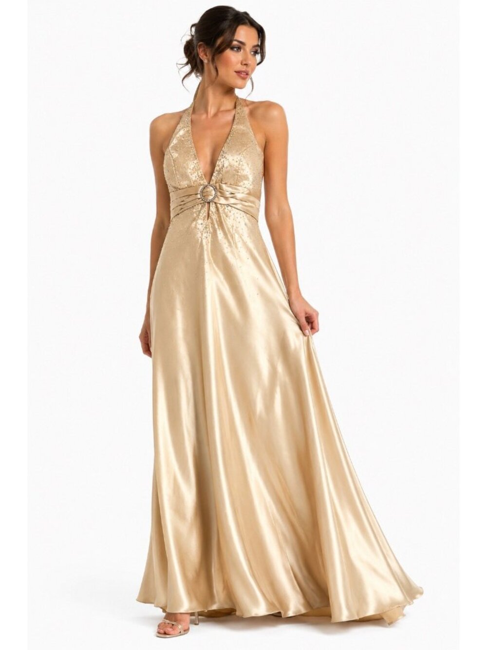 vintage Y2K 2000s champagne gold PROM HALTER evening gown beaded formal retro